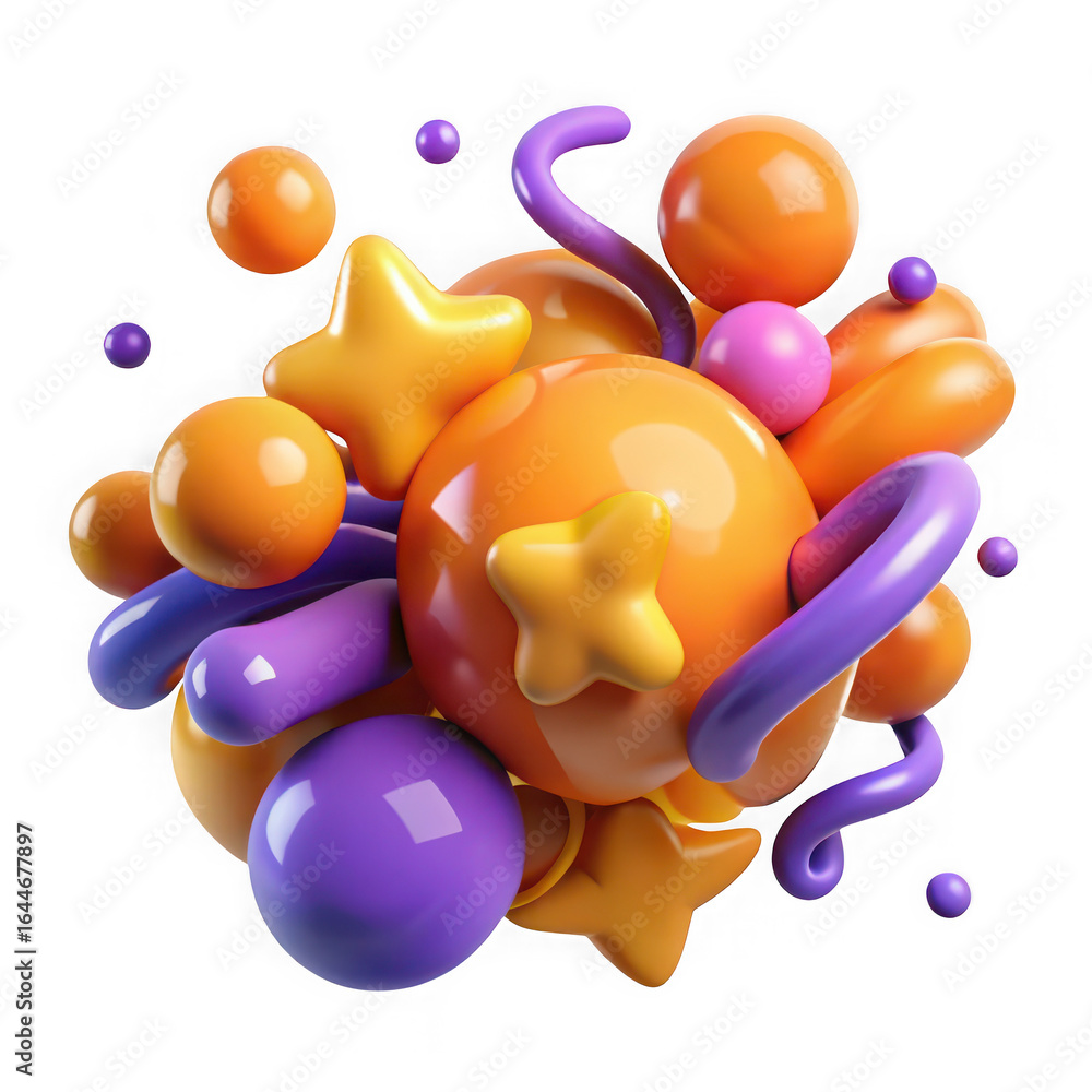 Poster abstract 3d rendered colorful shapes and stars cluster graphic design isolated on a transparent back