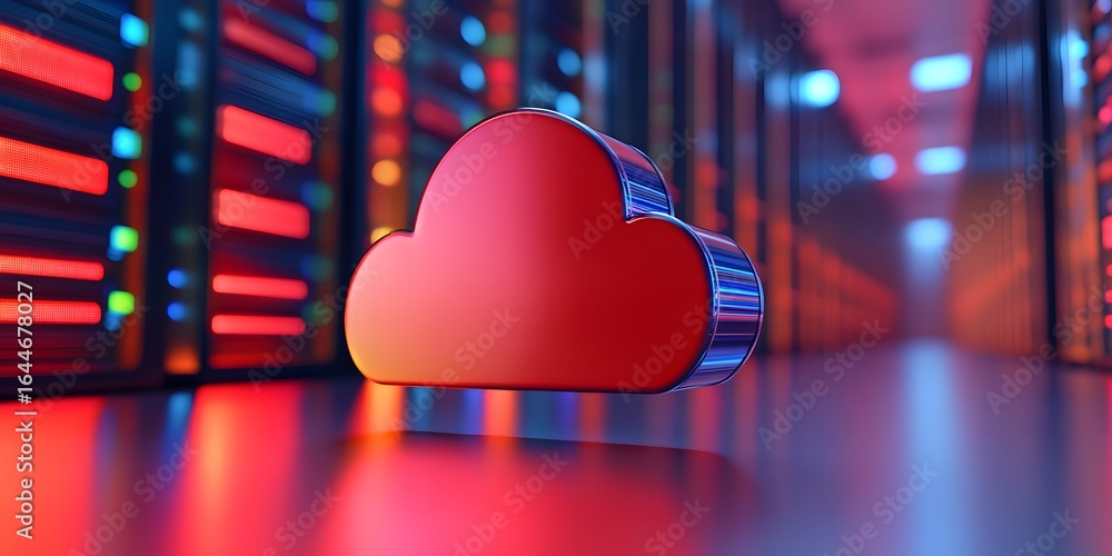 Poster 3d render of a server rack with a cloud icon in a data center,