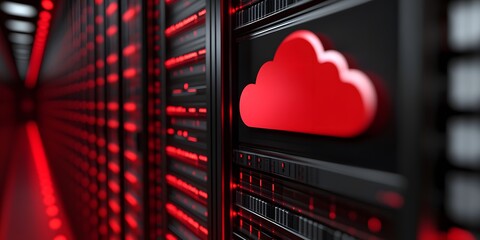 3D render of a server rack with a cloud icon in a data center,