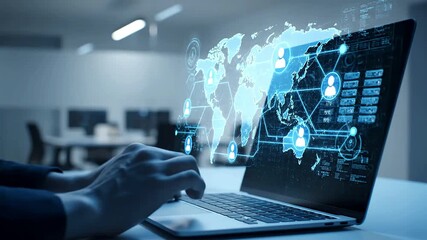 Global Network Communication: Person Typing on Laptop with Holographic World Map and Connected User Icons - Powered by Adobe