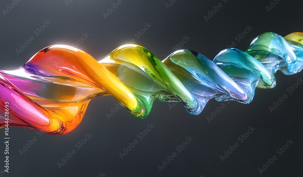 Poster 3d render, abstract fluid glass background with a colorful twisted ribbon in motion on a dark blue a