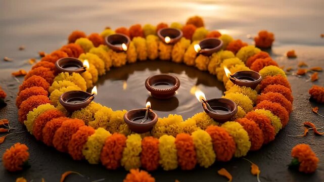 traditional chhath puja diya offerings sunset river