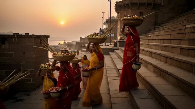 women devotees carrying offerings chhath puja riverbank sunrise