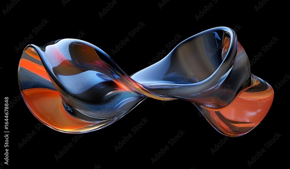 Poster 3d render, abstract fluid glass background with a colorful twisted ribbon in motion on a dark blue a