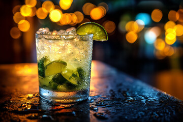 Close-up of caipirinha cocktail with condensation on glass, bokeh background, refreshing drink