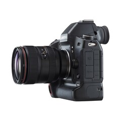 Professional black DSLR camera with a large lens, perfect for capturing stunning visuals and creative projects.