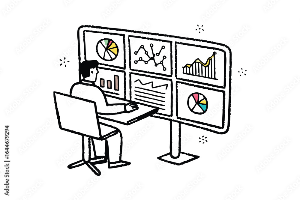 Poster man presenting data analysis and business growth charts on a computer screen