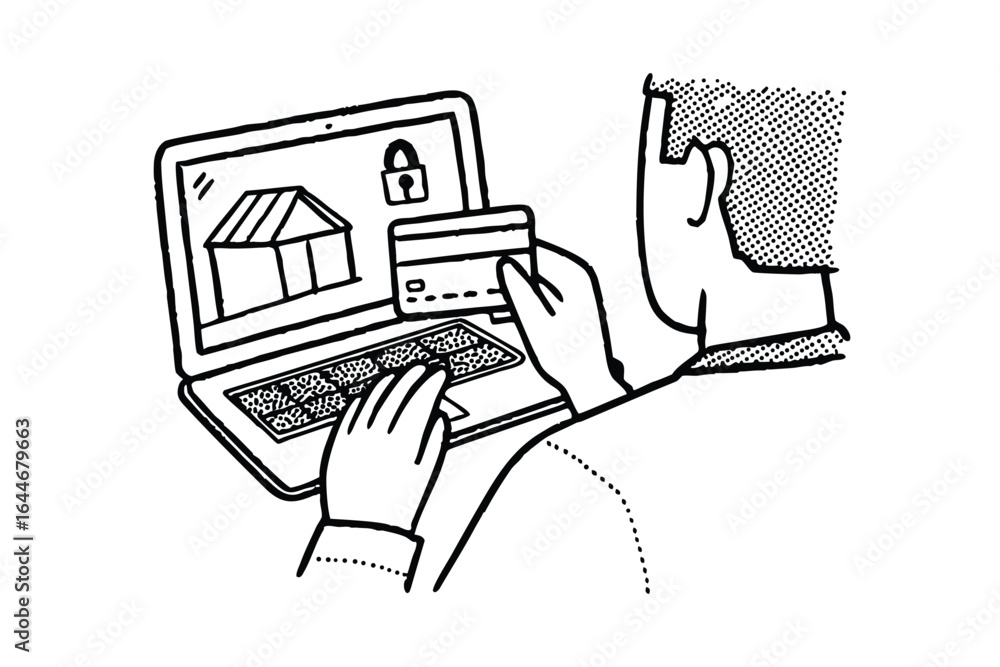 Poster man using laptop for online shopping with shopping cart icon and abstract shapes