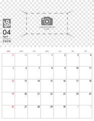 April 2026 Calendar. Week start on Sunday. Desk calendar 2026 design, simple and clean design, Wall calendar for print, digital calendar, Corporate design planner template vector.