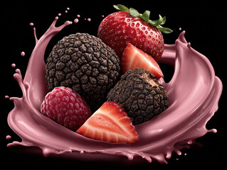 Fruit Berries Strawberries Raspberries Chocolate Truffles Splash Healthy Fresh Vibrant Appetizing Dessert Exotic Market Flavor Garnish Food Tasting Treats Chocolatey Plating Elegance Nature