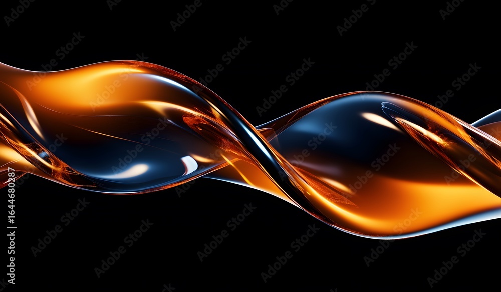 Poster 3d render, abstract fluid glass background with a colorful twisted ribbon in motion on a dark blue a