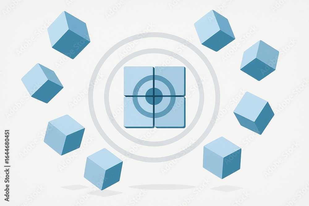 Poster business target alignment concept with blue cubes surrounding central target symbol representing str