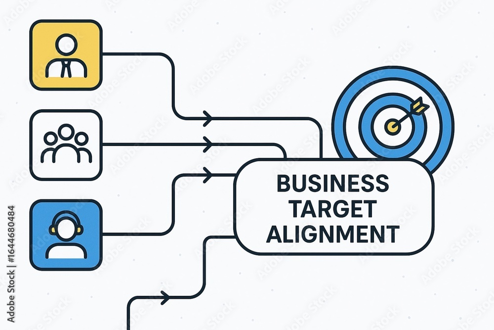 Aufkleber business target alignment concept with connected user icons and target symbol representing strategic