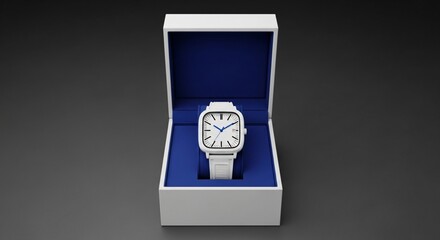 Modern white watch in opened luxury gift box, sleek design