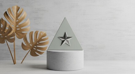 Modern minimalist display with star award and tropical leaves