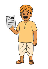 Cheerful Indian farmer in traditional dhoti-kurta and turban holding a loan approval paper. Rural finance, agri credit, microfinance and government subsidy concept in clean flat vector style