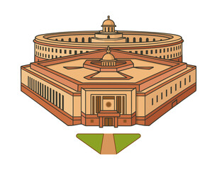Iconic vector illustration showcasing India's Old Parliament House and New Parliament Building (Sansad Bhavan) in New Delhi, symbolizing Indian democracy & governance