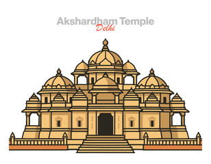 Akshardham Temple vector illustration: a sprawling spiritual and cultural complex in Delhi, showcasing intricate Swaminarayan architecture, Hindu deities, and India's ancient wisdom and traditions