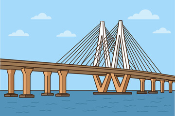 Bandra-Worli Sea Link vector illustration: Mumbai's iconic cable-stayed bridge over the Arabian Sea, a modern architectural marvel connecting Bandra & Worli and an integral part of the city's skyline