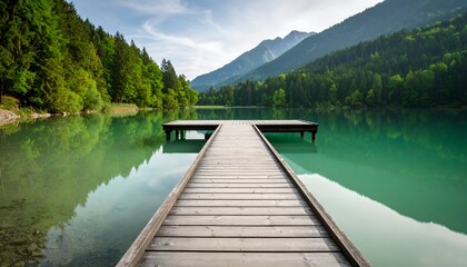 Scenic alpine lake view with wooden pier and mountain reflections