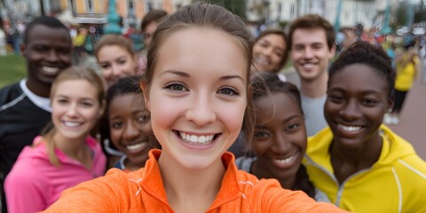 Obraz premium A young woman smiles brightly taking a selfie with a diverse group of cheerful friends outdoors in the city.