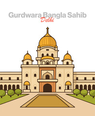 Sacred Gurudwara Bangla Sahib vector illustration: a prominent Sikh House of Worship in Delhi, India, known for its golden dome, sarovar, and selfless community service (langar)
