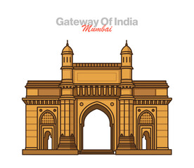 Iconic Gateway of India vector illustration: a majestic archway overlooking the Arabian Sea, symbolizing Mumbai's history as a portal to India