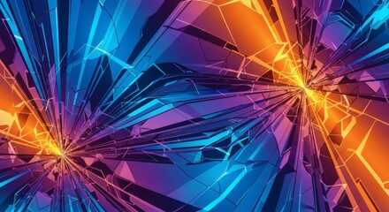 A futuristic explosion of shattered blue and orange crystals radiating from two central points of light.