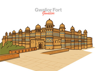 Gwalior Fort vector illustration: a majestic hilltop fortress, showcasing blend of Rajput-Mughal architecture and housing ancient palaces, temples & Jain sculptures in Madhya Pradesh, India
