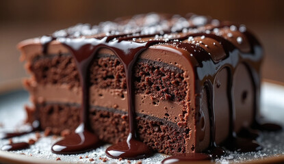 Close-up of a decadent chocolate cake slice drizzled with rich chocolate.