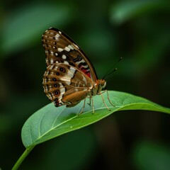 A butterfly with brown and white patterned wings perched on a vibrant green leaf in nature close up view