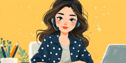 Cartoon young woman with headset smiles du an online call while working at her home office desk.