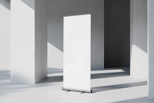 Clean modern exhibition banner stand mockup in bright airy architectural space