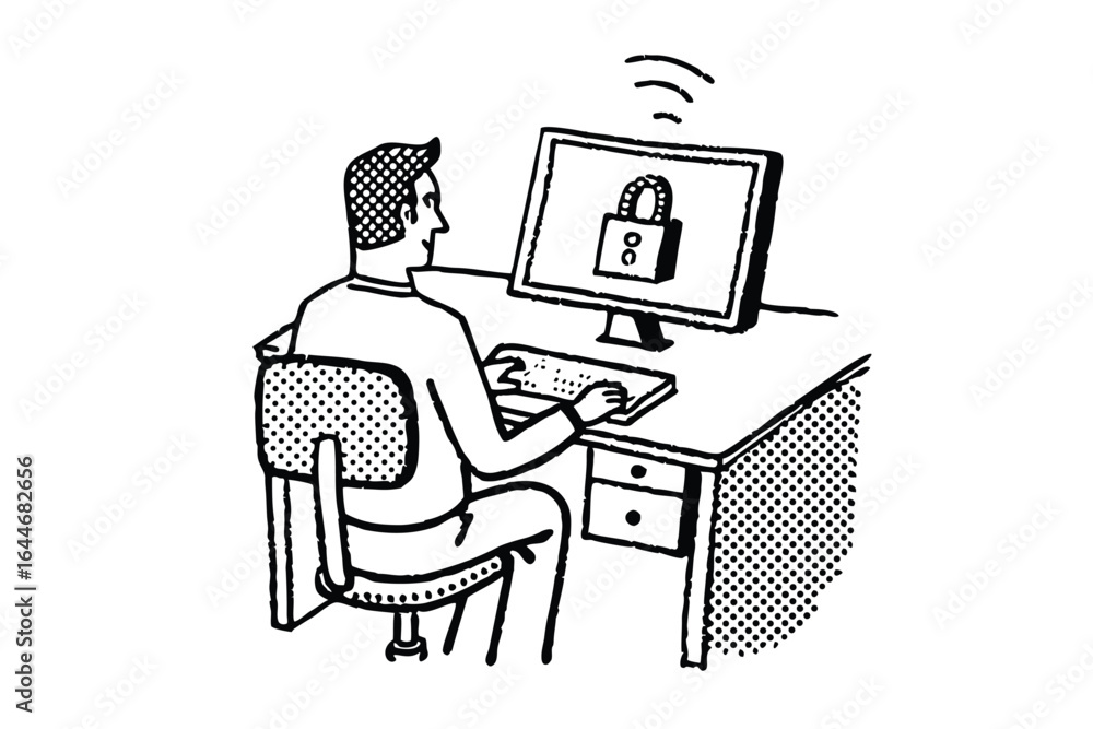 Poster man using laptop with secure wi fi connection and digital padlock icon