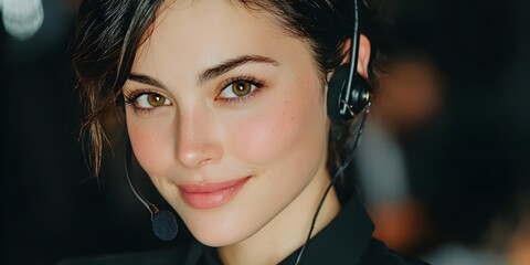 Portrait of a beautiful young woman wea headset looks directly at the viewer with friendly expression.