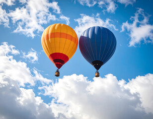 Fototapeta premium Two Colorful Hot Air Balloons Floating Among Clouds
