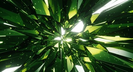 Abstract explosion of sharp, geometric green crystal shards radiating from a bright central light source, creating a dynamic and energetic visual effect.