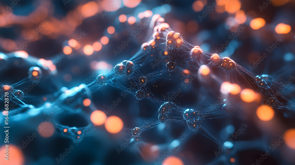 Poster a close up of a blue and orange background with many small spheres. the spheres are arranged in a wa
