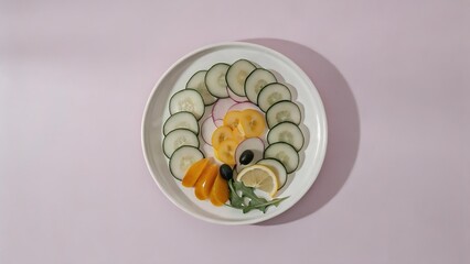A vibrant platter of sliced vegetables, arranged artistically in a circular pattern.