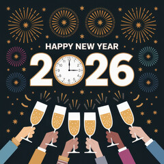 Happy new year 2026 celebration with fireworks and champagne toast