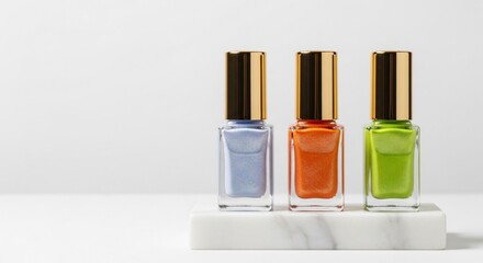 Stunning trio of shimmering nail polish bottles with gold caps