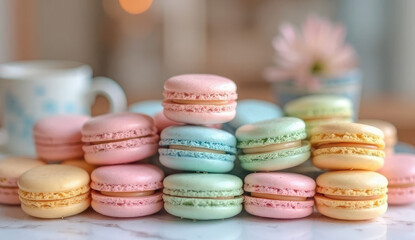 Obraz premium Delicate Pastel Macarons Stacked Beautifully on Marble