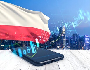 A smartphone rests on a table in front of a flag and cityscape, overlaid with stock market data