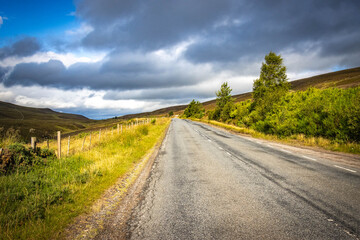 road in the countryside, cairngorm mountains, cottage, heather, speyside, spey, scotland, uk, hills, hiking, outdoors