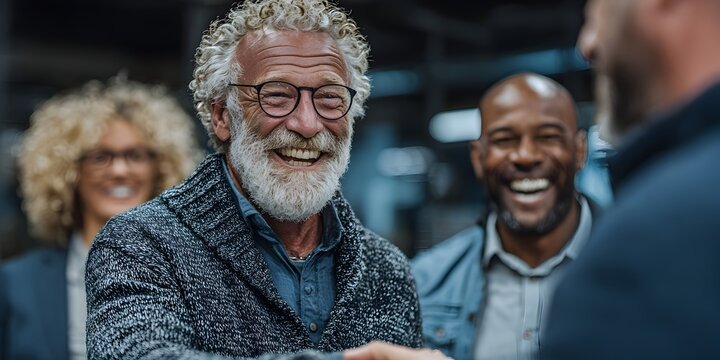 A gray haired man with glasses laughs while shaking hands with someone in a diverse group of people.