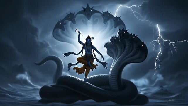 lord krishna dancing on kaliya serpent during storm