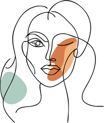 Continuous single-line abstract female face drawing in minimal boho style with earthy tones, isolated on transparent background, editable vector EPS