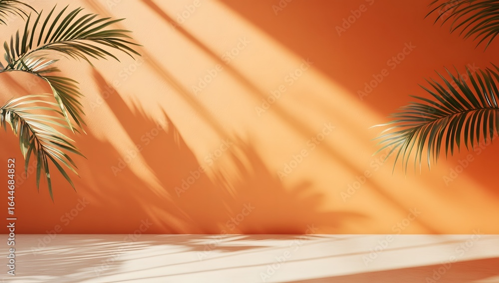 Poster 3d render, abstract background with an orange wall and the shadow of palm leaves on an empty table f