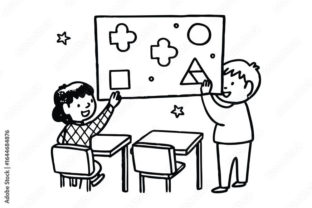 Poster children learning logic and problem solving with visual puzzles on a whiteboard