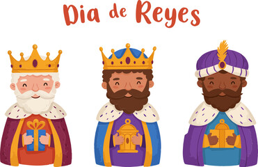 Three Wise Men holding gifts with Feliz Dia de Reyes text, colorful cartoon style for Epiphany celebration.